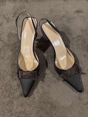 J Crew Brown Satin Pointed-Toe Slingback Heels with Bow - Size 10